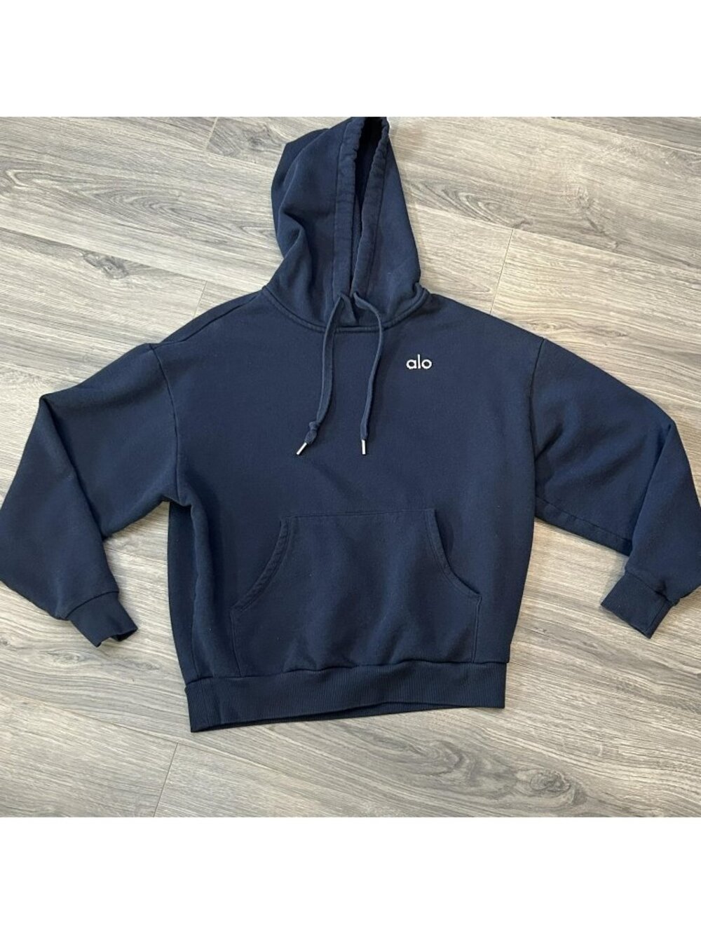 Alo Hoodie Women XXS Blue Accolade Fleece Pullover Kangaroo Pocket Logo Relaxed